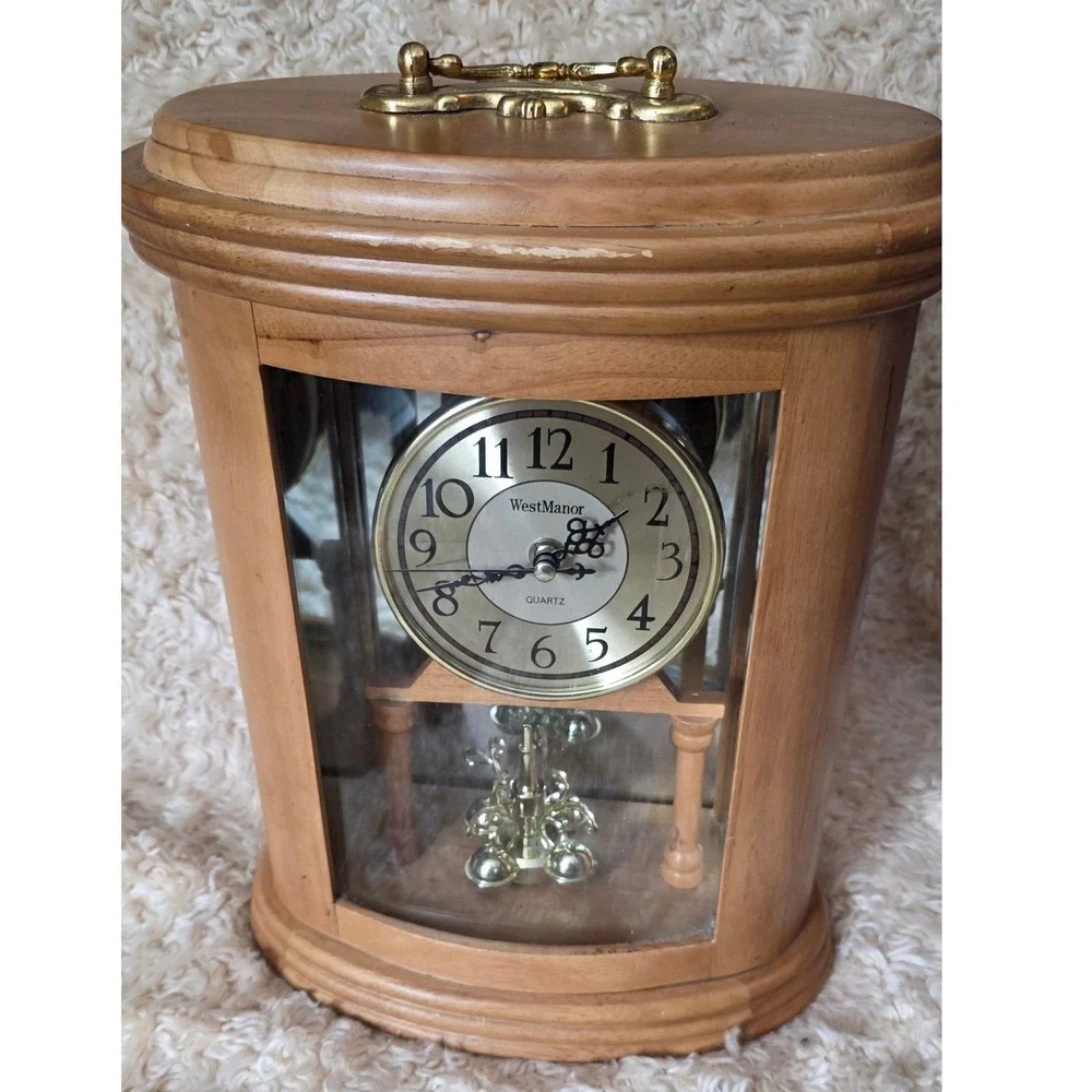 WestManor Quartz Mantel Clock Wooden Oval Case Brass Pendulum Gold Tone Dial